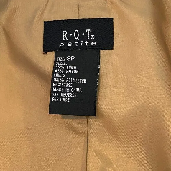 R.Q.T. OASIS Women's 8 Petite linen blend blazer blue black tan wearable art - Picture 9 of 10